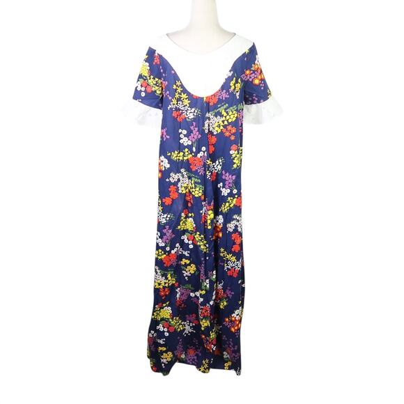 Vintage 70s Navy Blue Floral Print Muumuu Maxi Dress L - Picture 1 of 5